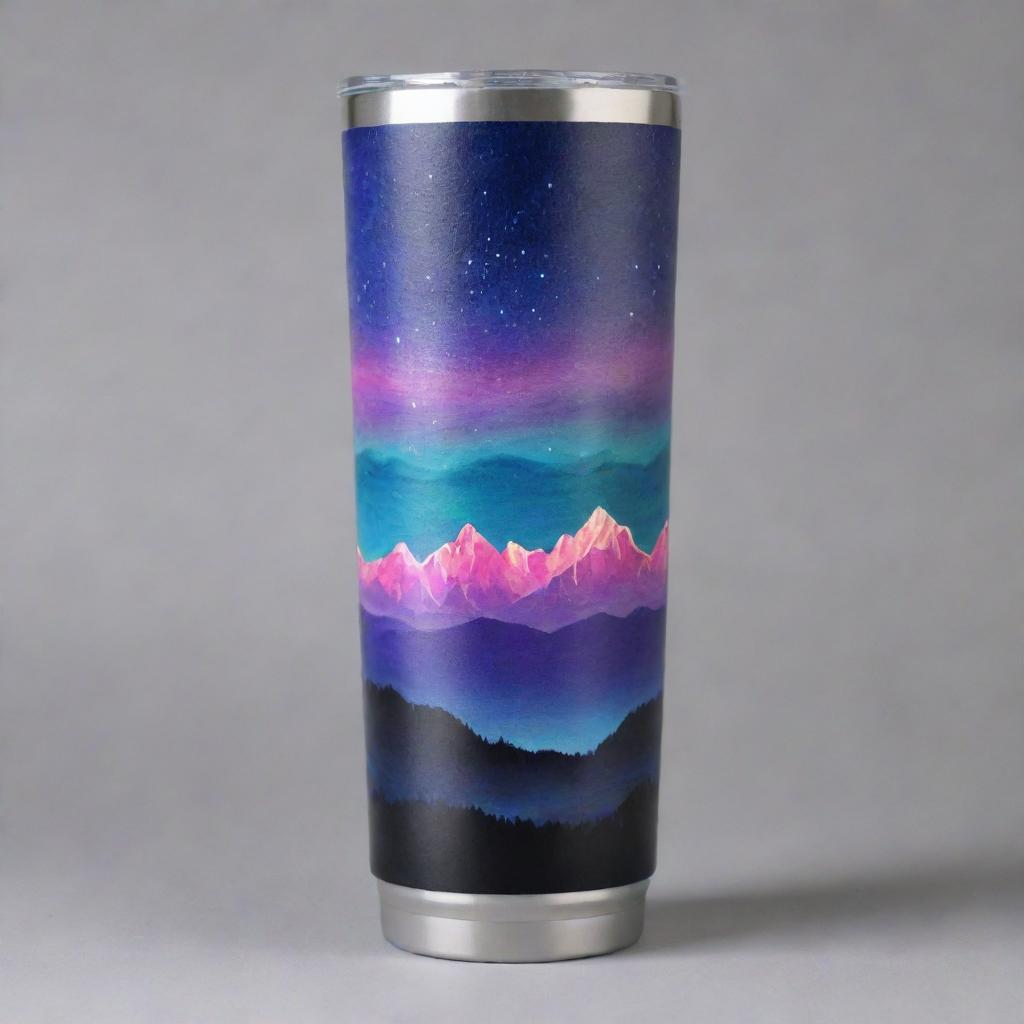 Create a tumbler wrap design featuring mountains under aura lights at night, with an inspiring quote displayed on a piece of paper.