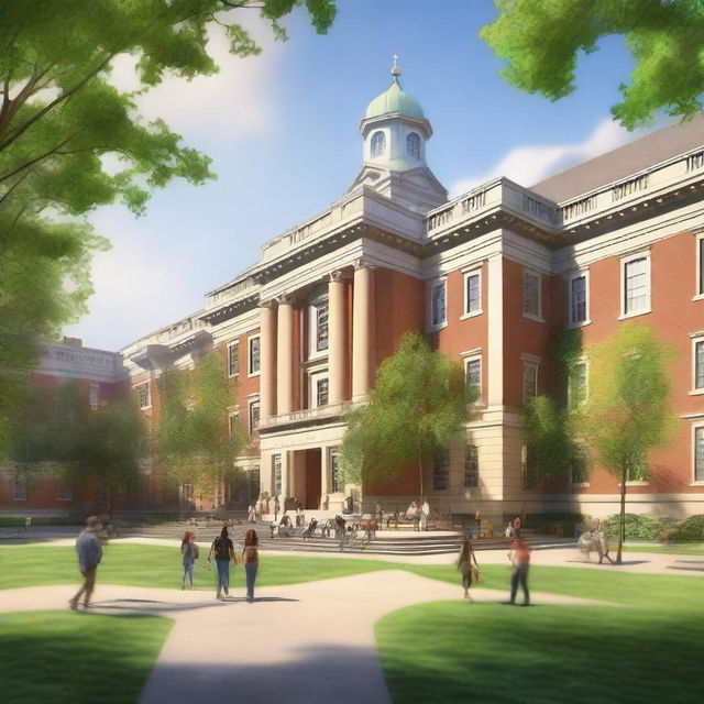 An image of a classic university campus, showcasing a grand, historic main building with ivy-covered walls