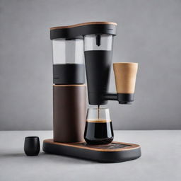 An innovative design of a coffee maker with a distinct, separated component. It should feature an inspiring quote incorporated into the design.