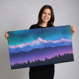 Design a rectangular wrap featuring mountains under aura lights at night, with a great quote elegantly written on it.