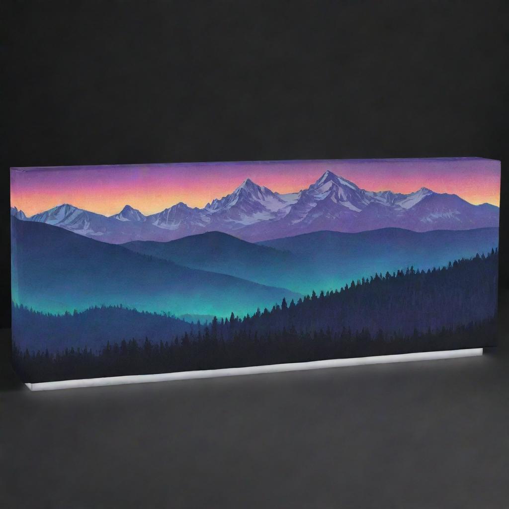Design a rectangular wrap featuring mountains under aura lights at night, with a great quote elegantly written on it.