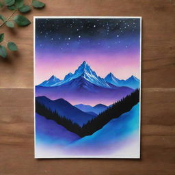 Create a design on an A4 sheet, featuring a wrap with mountains under aura lights at night and an inspirational quote written on it.