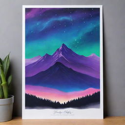 Create a design on an A4 sheet, featuring a wrap with mountains under aura lights at night and an inspirational quote written on it.