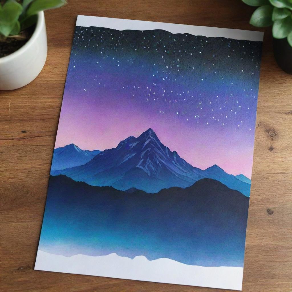 Create a design on an A4 sheet, featuring a wrap with mountains under aura lights at night and an inspirational quote written on it.