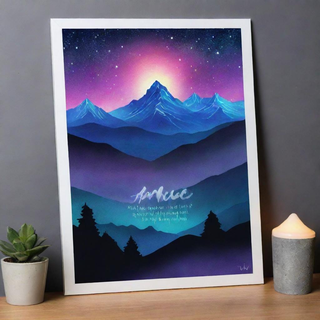 Create a design on an A4 sheet, featuring a wrap with mountains under aura lights at night and an inspirational quote written on it.