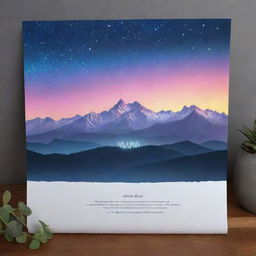 Create a design on a landscape-oriented A4 sheet, featuring a wrap with mountains illuminated by aura lights at night and an inspirational quote written on it.