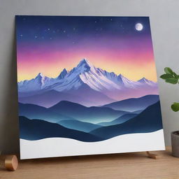 Create a design on a landscape-oriented A4 sheet, featuring a wrap with mountains illuminated by aura lights at night and an inspirational quote written on it.