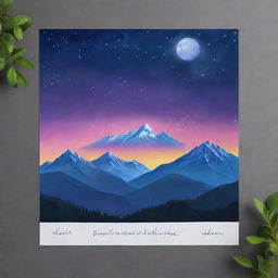 Create a design on a landscape-oriented A4 sheet, featuring a wrap with mountains illuminated by aura lights at night and an inspirational quote written on it.