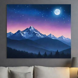 Create a design on a landscape-oriented A4 sheet, featuring a wrap with mountains illuminated by aura lights at night and an inspirational quote written on it.