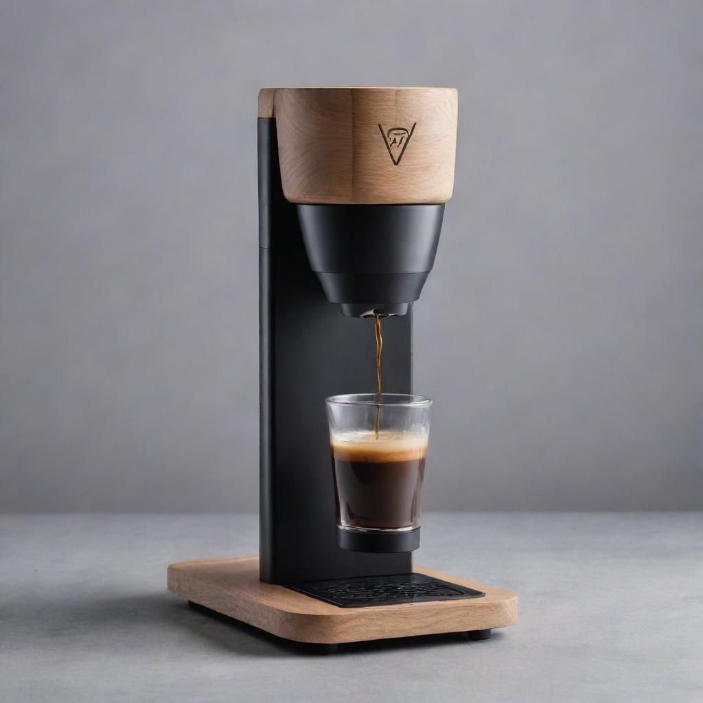 A futuristic and innovative coffee maker design, featuring a distinctive separated part with a motivational quote elegantly engraved. Convey this as an element of the initial design process.