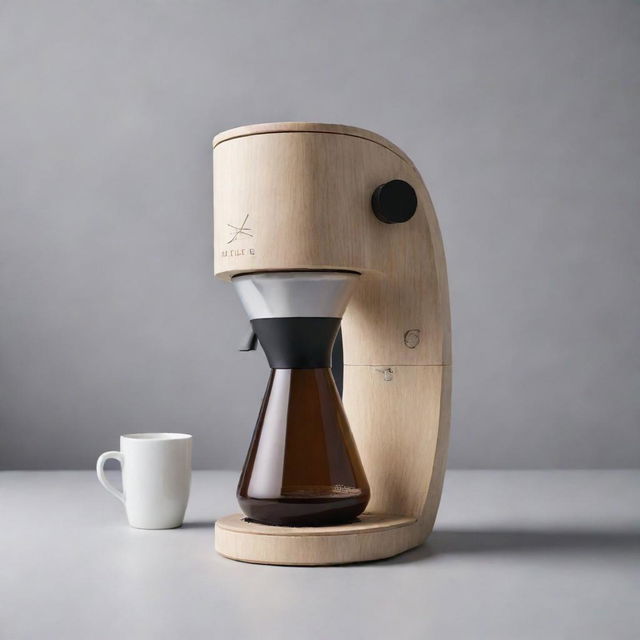 A futuristic and innovative coffee maker design, featuring a distinctive separated part with a motivational quote elegantly engraved. Convey this as an element of the initial design process.