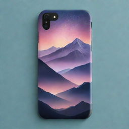 Create a design for a phone skin, featuring a wrap with mountains illuminated by aura lights at night and an inspirational quote written on it.