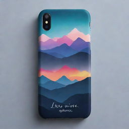 Create a design for a phone skin, featuring a wrap with mountains illuminated by aura lights at night and an inspirational quote written on it.