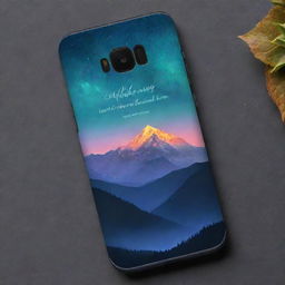 Create a design for a phone skin, featuring a wrap with mountains illuminated by aura lights at night and an inspirational quote written on it.