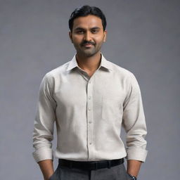 Generate a hyper-realistic 8K resolution image of an Indian man with a round face, wheatish complexion. He stands 5 feet 3 inches tall, weighs 68 kg, and has black side-parted hair. He's clothed in a shirt and pants.