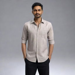 Generate a hyper-realistic 8K resolution image of an Indian man with a round face, wheatish complexion. He stands 5 feet 3 inches tall, weighs 68 kg, and has black side-parted hair. He's clothed in a shirt and pants.