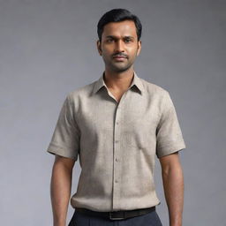 Generate a hyper-realistic 8K resolution image of an Indian man with a round face, wheatish complexion. He stands 5 feet 3 inches tall, weighs 68 kg, and has black side-parted hair. He's clothed in a shirt and pants.