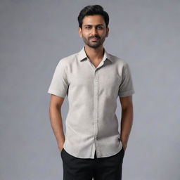 Generate a hyper-realistic 8K resolution image of an Indian man with a round face, wheatish complexion. He stands 5 feet 3 inches tall, weighs 68 kg, and has black side-parted hair. He's clothed in a shirt and pants.