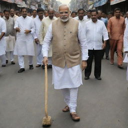 Narendra Modi, the Prime Minister of India, clad in his traditional kurta and waistcoat, humbly sweeping the streets as part of a cleanliness campaign.