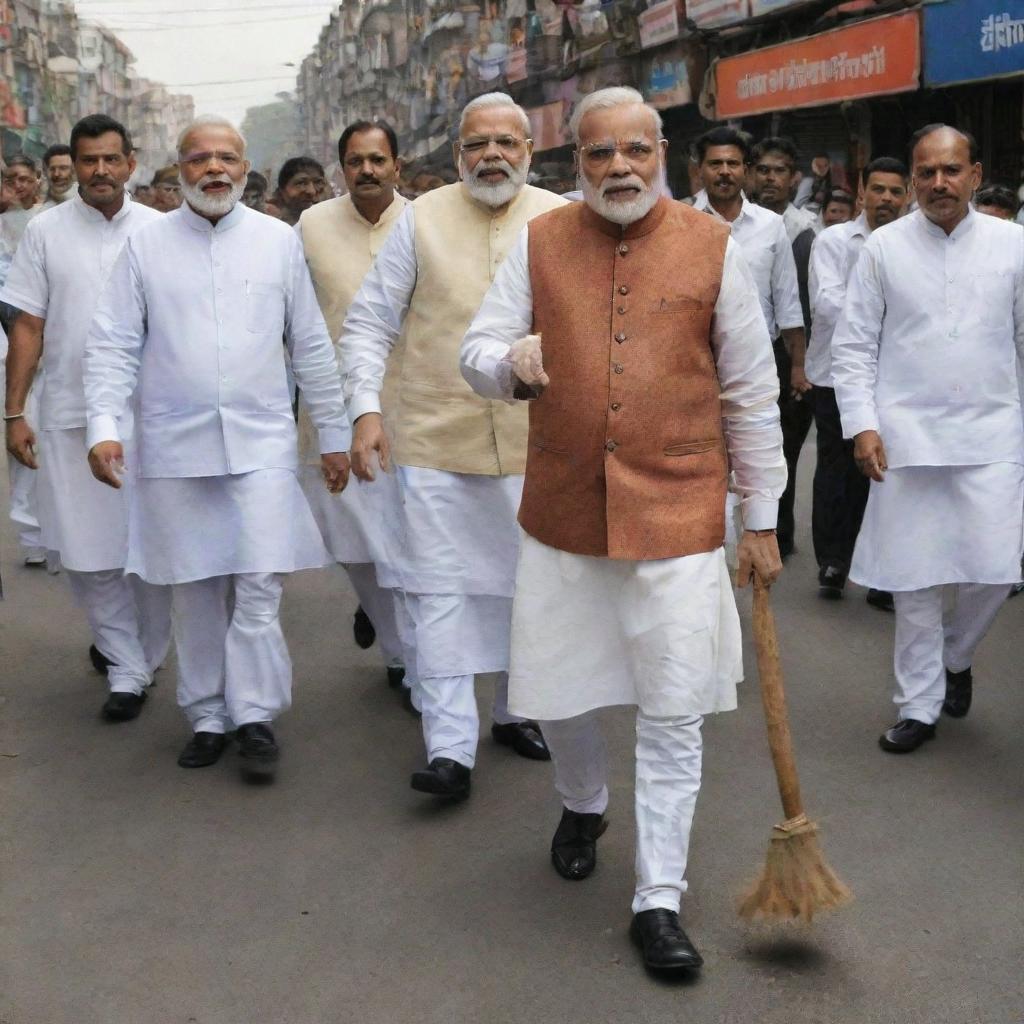 Narendra Modi, the Prime Minister of India, clad in his traditional kurta and waistcoat, humbly sweeping the streets as part of a cleanliness campaign.