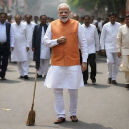 Narendra Modi, the Prime Minister of India, clad in his traditional kurta and waistcoat, humbly sweeping the streets as part of a cleanliness campaign.