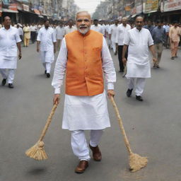 Narendra Modi, the Prime Minister of India, clad in his traditional kurta and waistcoat, humbly sweeping the streets as part of a cleanliness campaign.