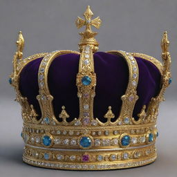 Generate a highly detailed image of a premium gold king's crown, radiating with jewels and intricate carvings.