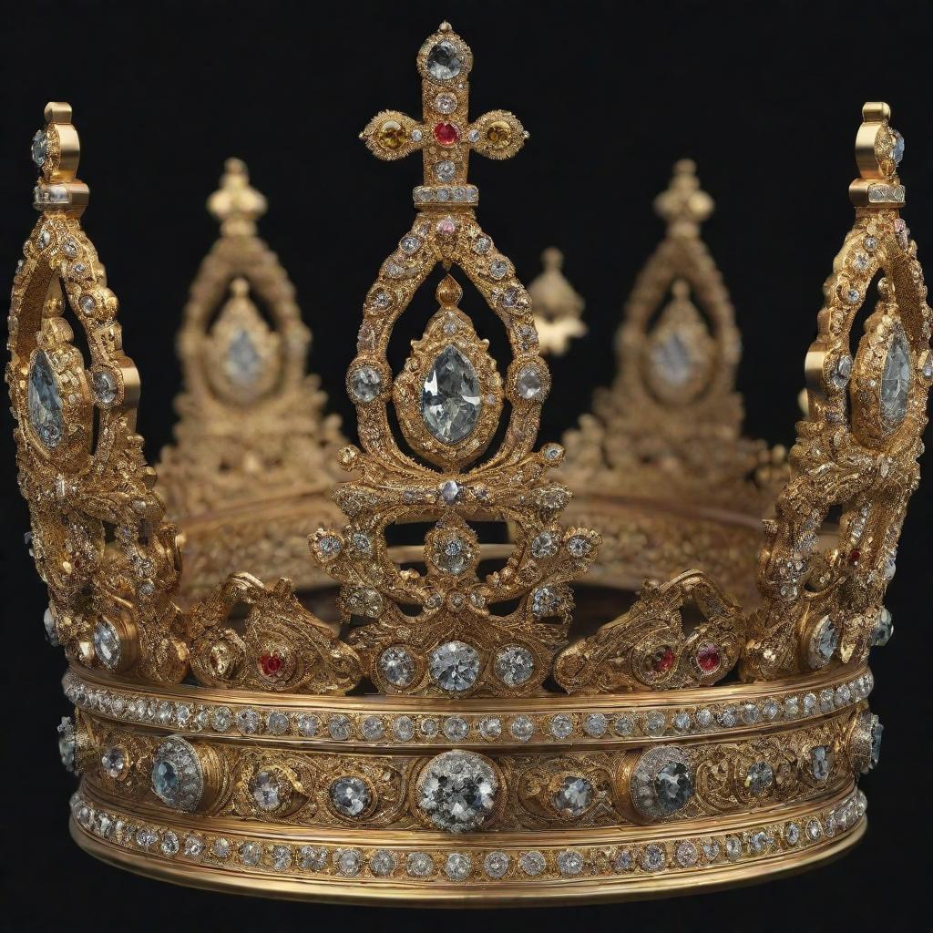 Generate a highly detailed image of a premium gold king's crown, radiating with jewels and intricate carvings.