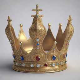 Generate a highly detailed image of a premium gold king's crown, radiating with jewels and intricate carvings.