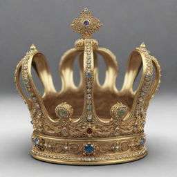 Generate a highly detailed image of a premium gold king's crown, radiating with jewels and intricate carvings.