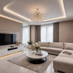 Interior design of a luxurious, well-lit house, with modern furnitures, ambient lighting, and carefully selected decor.