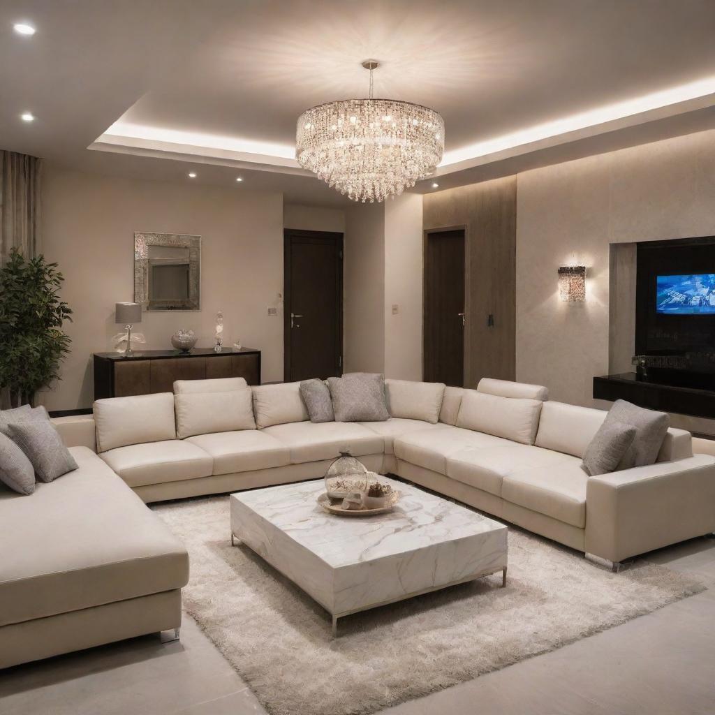 Interior design of a luxurious, well-lit house, with modern furnitures, ambient lighting, and carefully selected decor.