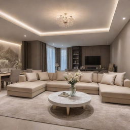 Interior design of a luxurious, well-lit house, with modern furnitures, ambient lighting, and carefully selected decor.