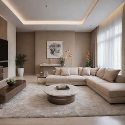 Interior design of a luxurious, well-lit house, with modern furnitures, ambient lighting, and carefully selected decor.