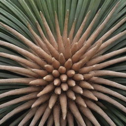 A detailed, close up image of the root system of a Cycas plant, showing its unique structure in natural, earthy tones.