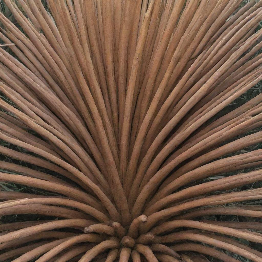 A detailed, close up image of the root system of a Cycas plant, showing its unique structure in natural, earthy tones.