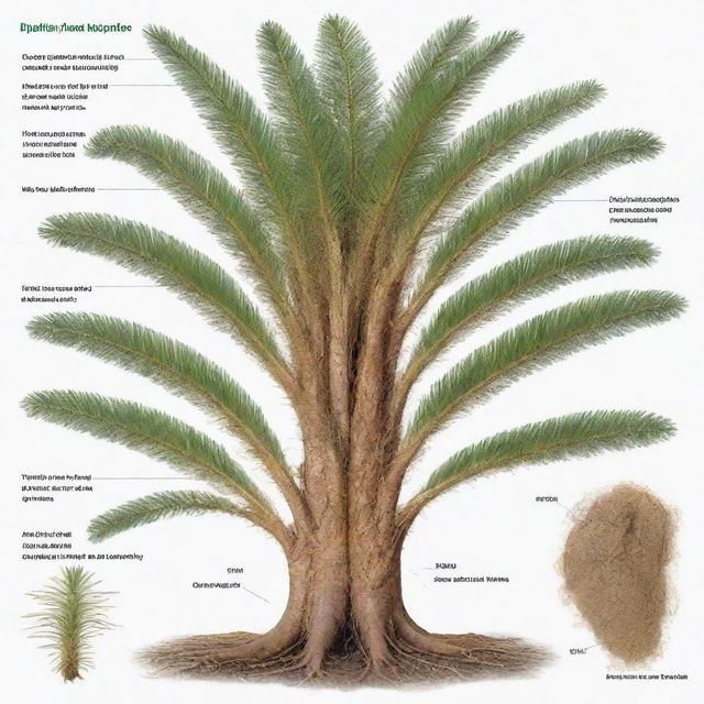 A diagram showcasing the detailed morphology of a Cycas root, labeled with important features.