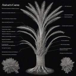 A black and white diagram illustrating the detailed morphology of a Cycas root, labeled with key characteristics.