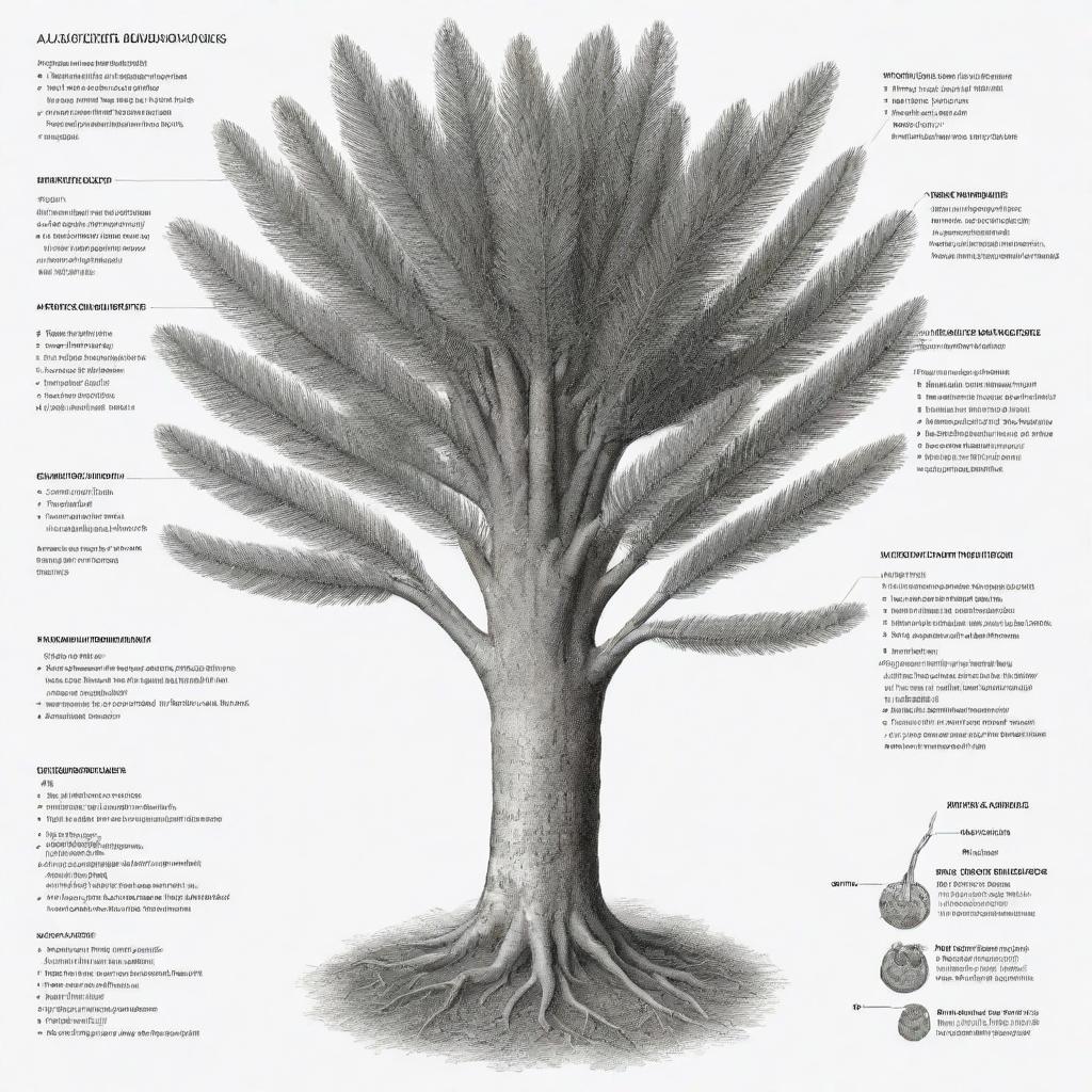 A black and white diagram illustrating the detailed morphology of a Cycas root, labeled with key characteristics.