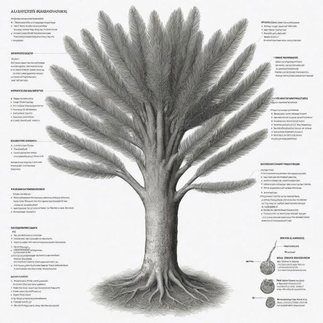 A black and white diagram illustrating the detailed morphology of a Cycas root, labeled with key characteristics.