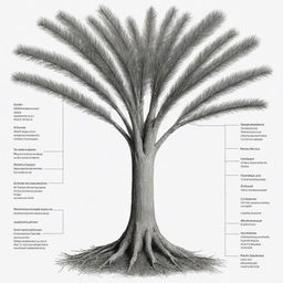 A black and white diagram illustrating the detailed morphology of a Cycas root, labeled with key characteristics.