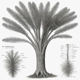 A black and white diagram illustrating the detailed morphology of a Cycas root, labeled with key characteristics.