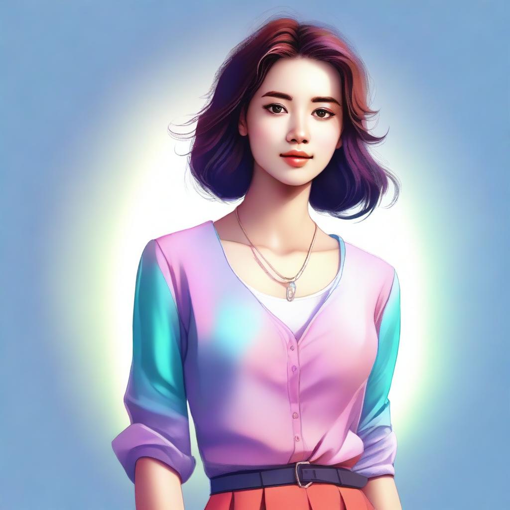 A digital art depicting a young woman in a stylish yet modest outfit