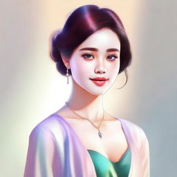 A digital art depicting a young woman in a stylish yet modest outfit