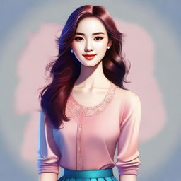A digital art depicting a young woman in a stylish yet modest outfit