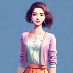 A digital art depicting a young woman in a stylish yet modest outfit