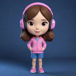 Create a 3D cute character portrayal of a girl with a tech enthusiast look. She has brown hair and eyes, and is wearing a pink outfit. Set against a dark blue (hex color #07296D) background.