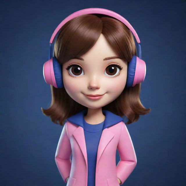 Create a 3D cute character portrayal of a girl with a tech enthusiast look. She has brown hair and eyes, and is wearing a pink outfit. Set against a dark blue (hex color #07296D) background.