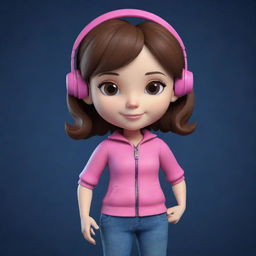 Create a 3D cute character portrayal of a girl with a tech enthusiast look. She has brown hair and eyes, and is wearing a pink outfit. Set against a dark blue (hex color #07296D) background.