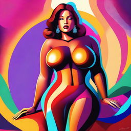 A digital art portraying a confident woman with a curvaceous figure, including a large bust